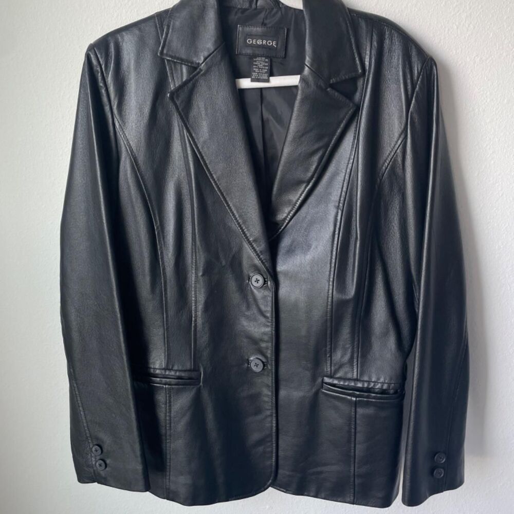 Vintage Y2K George 100% Genuine Black Leather Blazer Jacket L 12 14